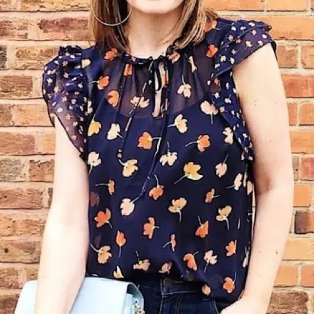 CAbi Blue Sunset Kiss Short Ruffle Flutter Sleeve Top V 5522 Med